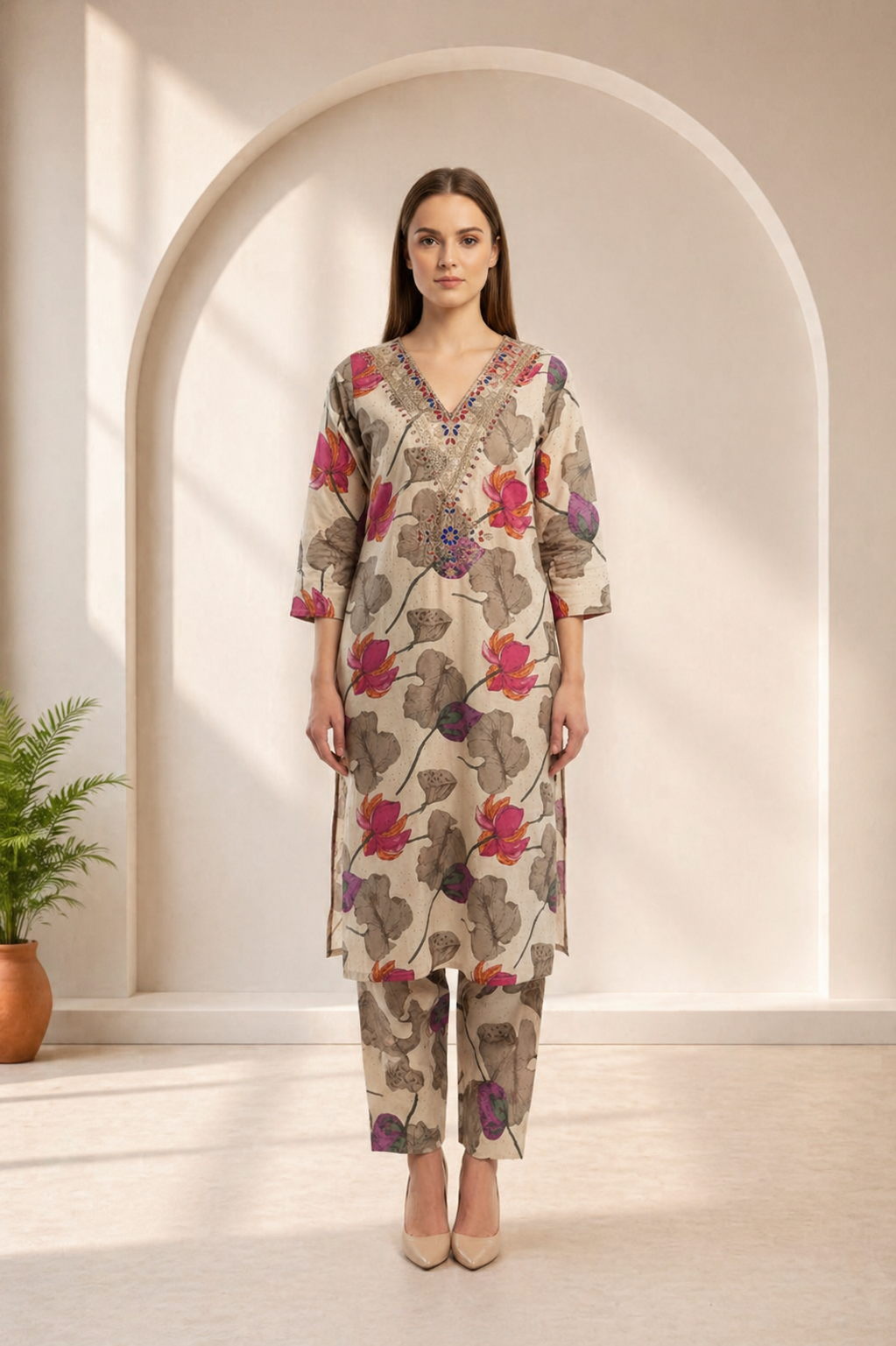 D'MAYE  Beige Lotus Co-Ord Set