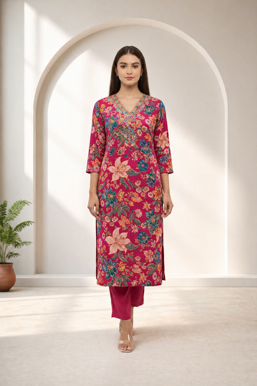 D'MAYE Magenta Floral Printed Straight Kurta Set