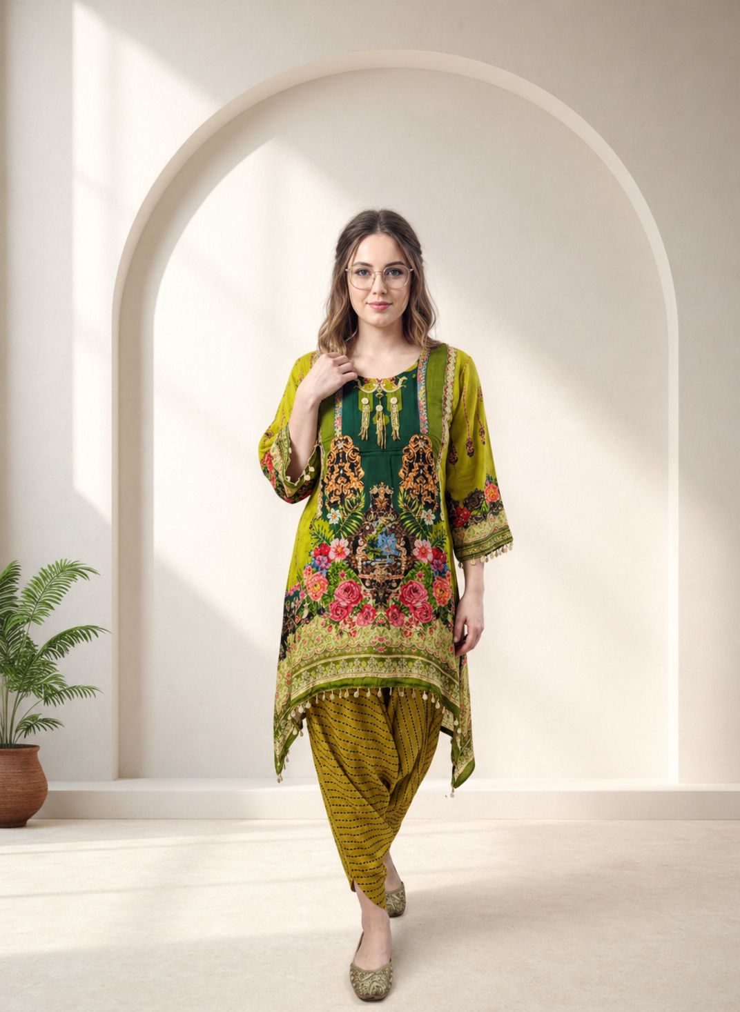 Green Printed Kurta Set for Women with Dhoti Pants | Stylish Ethnic Wear | D’MAYE