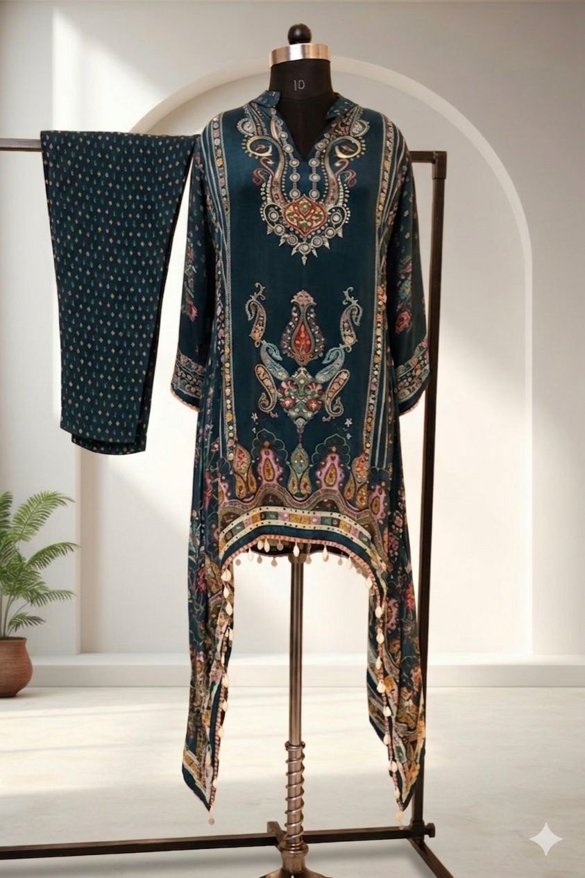 Teal Printed Asymmetrical Kurta Pant Co-Ord Set for Women