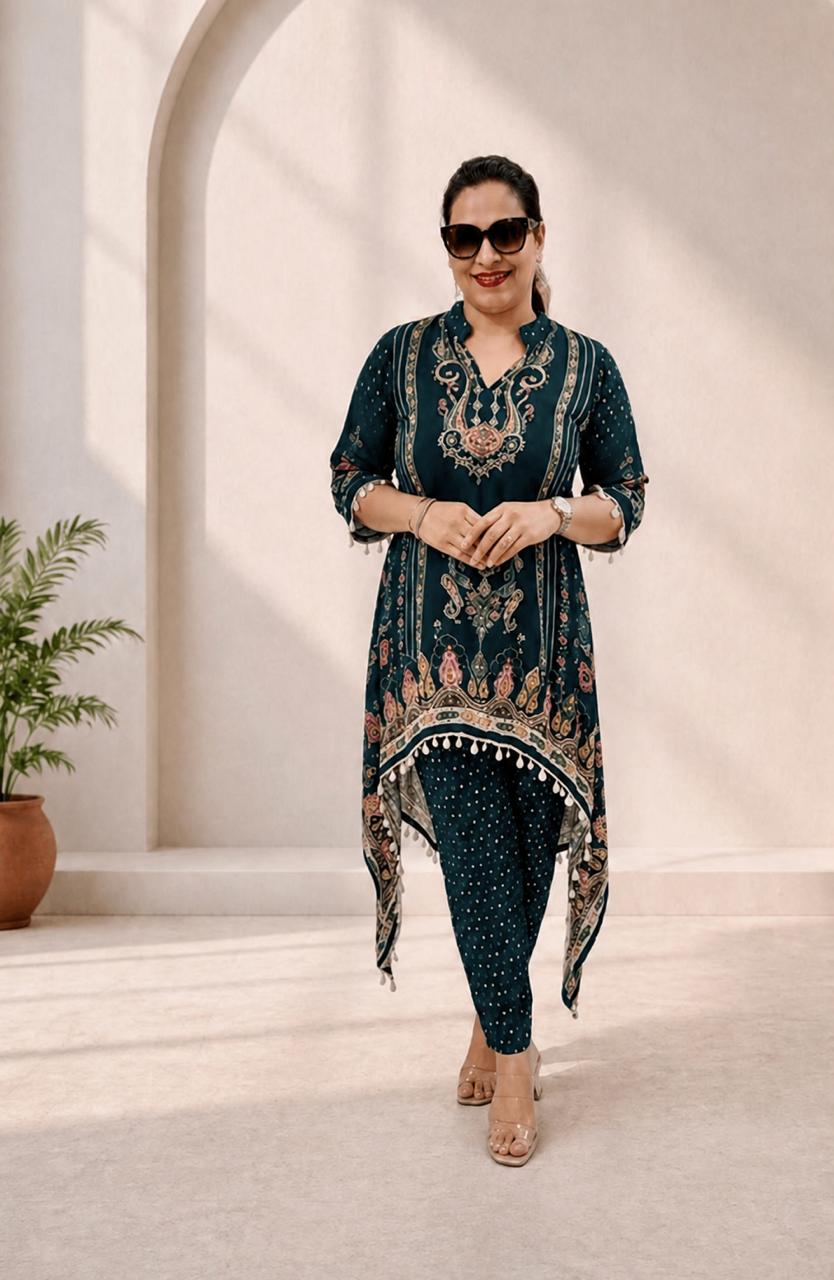 Teal Printed Asymmetrical Kurta Pant Co-Ord Set for Women