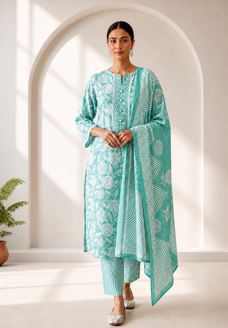 D'MAYE Mint Aura Printed Kurta Set with Dupatta