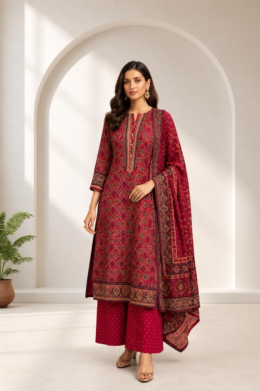 D'MAYE Maroon Ethnic Printed Plus-Size Kurta Set with Dupatta
