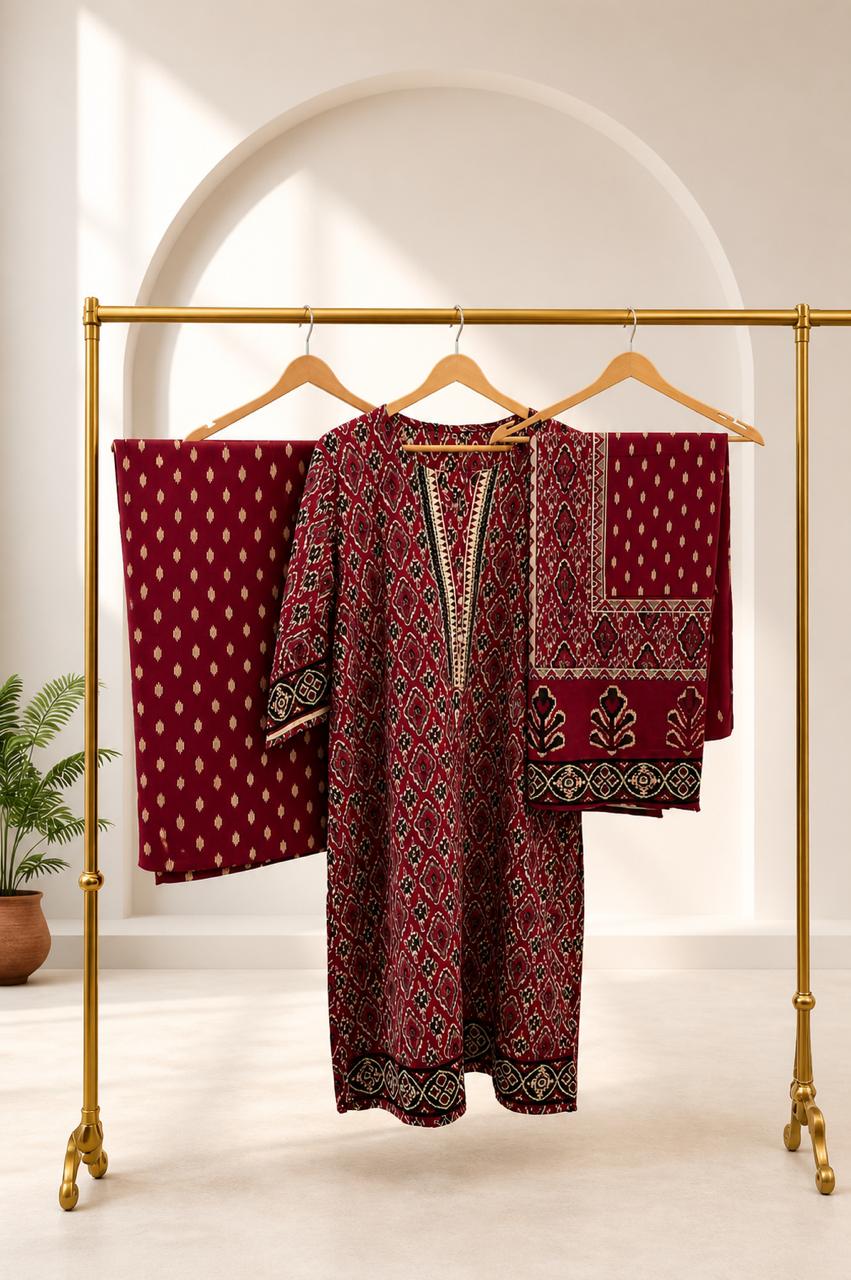D'MAYE Maroon Ethnic Printed Plus-Size Kurta Set with Dupatta