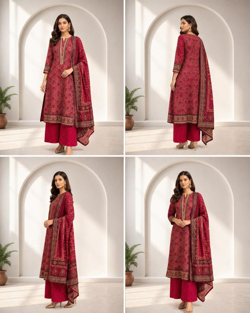 D'MAYE Maroon Ethnic Printed Plus-Size Kurta Set with Dupatta