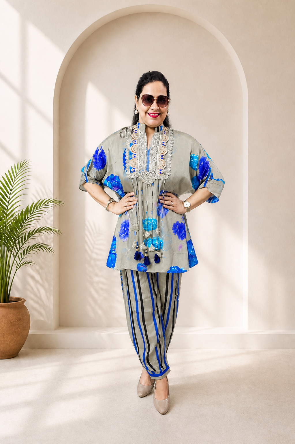 Premium Floral Printed  Kurta Co-Ord Set with Striped Pants
