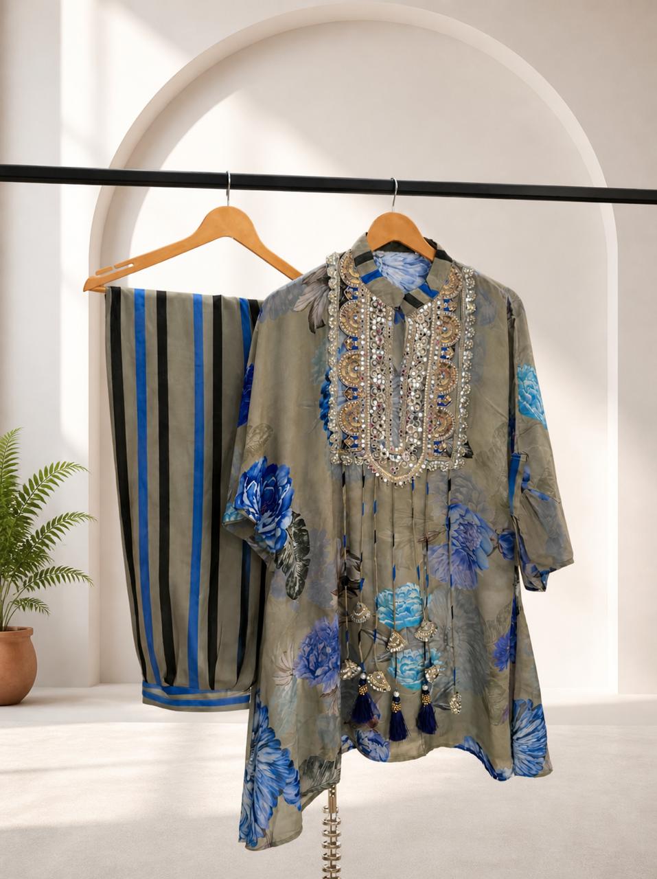 Premium Floral Printed  Kurta Co-Ord Set with Striped Pants