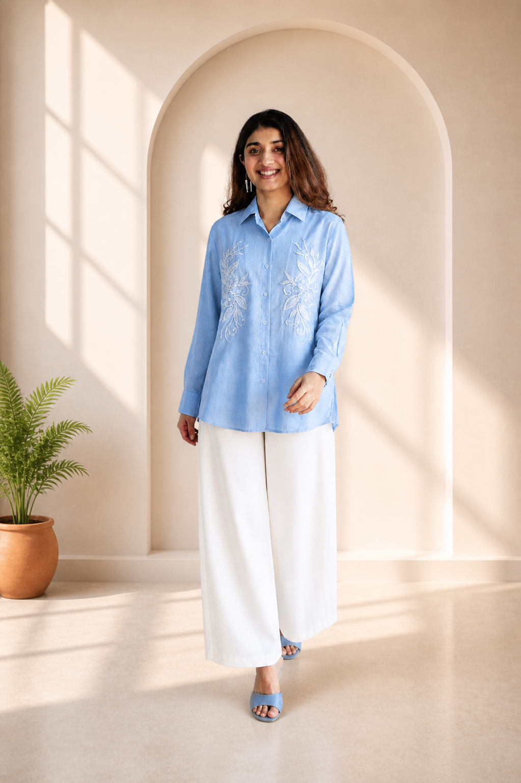 Sky Blue Embroidered Cotton Shirt