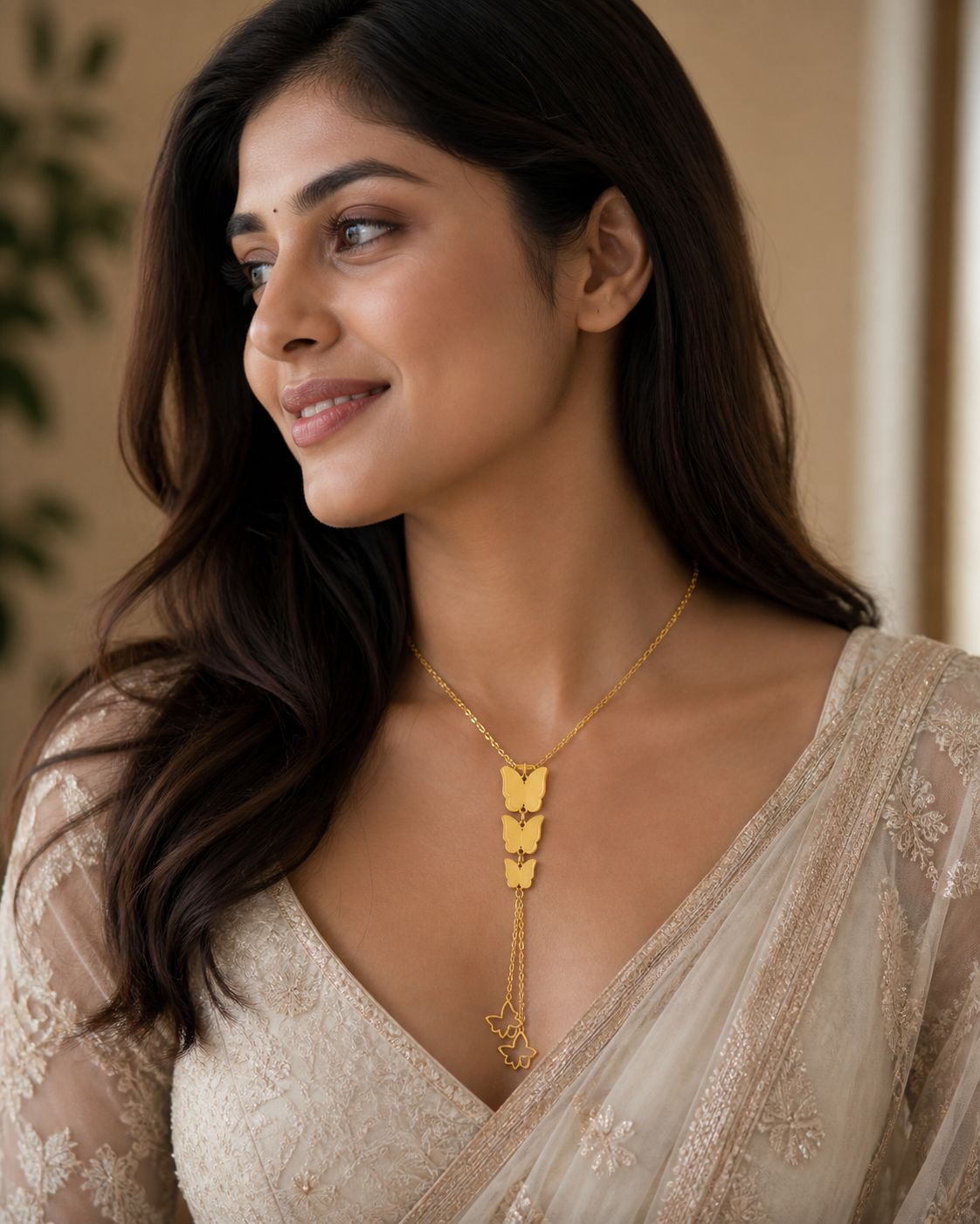D’MAYE Gold Butterfly Layered Drop Pendant Necklace