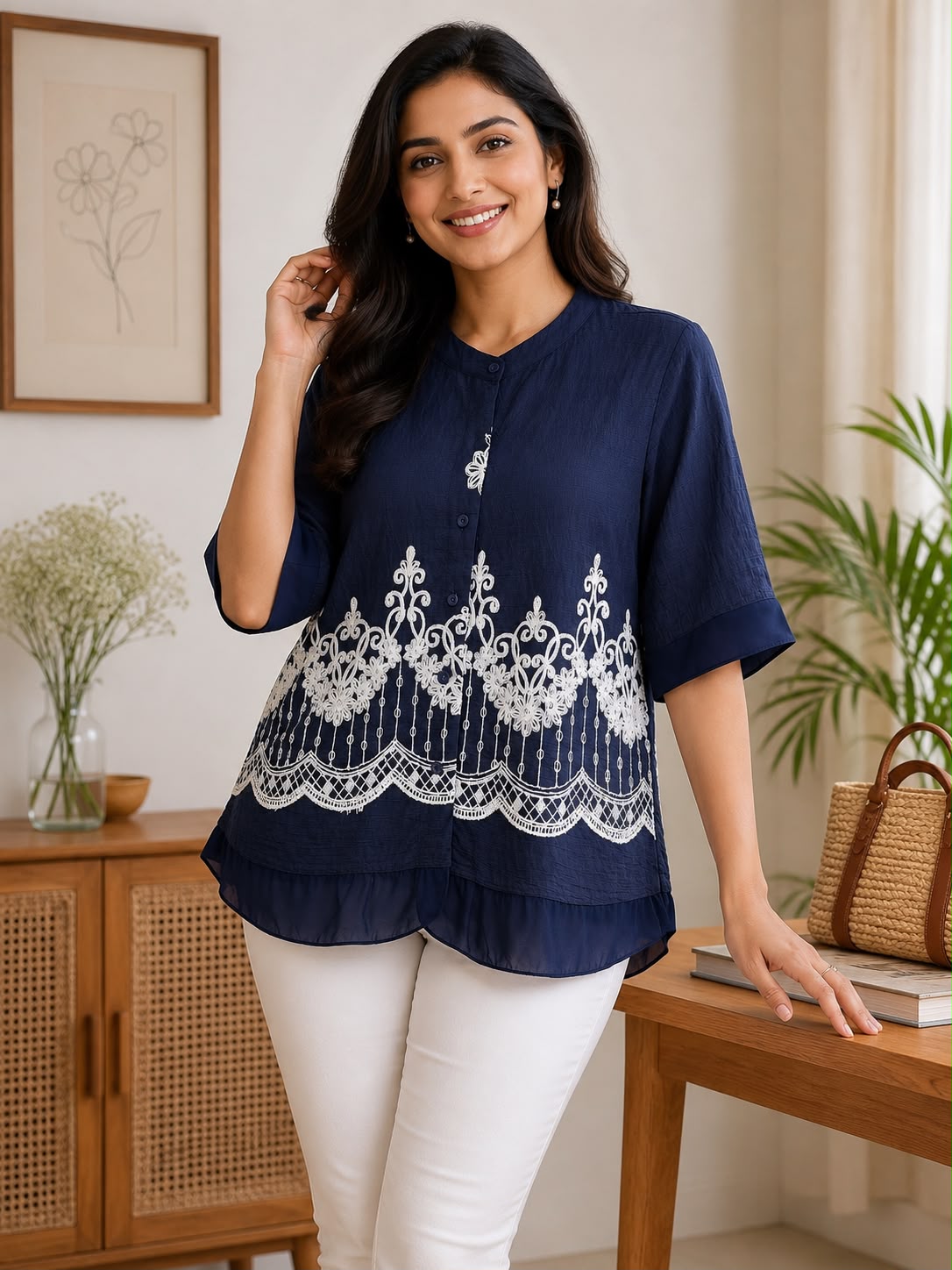 Premium Embroidered Cotton Shirt for Women | Available in Pink, Navy Blue & White