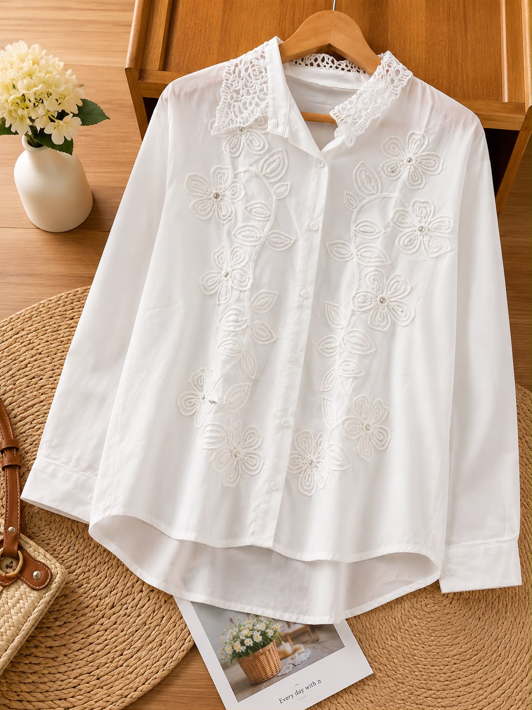 Floral Embroidered Cotton Shirt – Available in Black, Blue, Pink & White