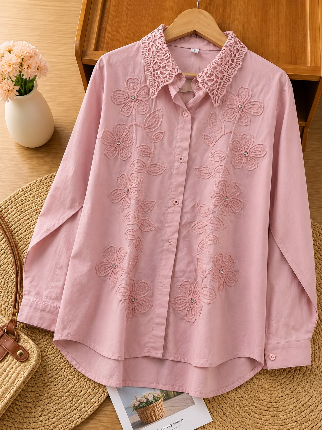 Floral Embroidered Cotton Shirt – Available in Black, Blue, Pink & White