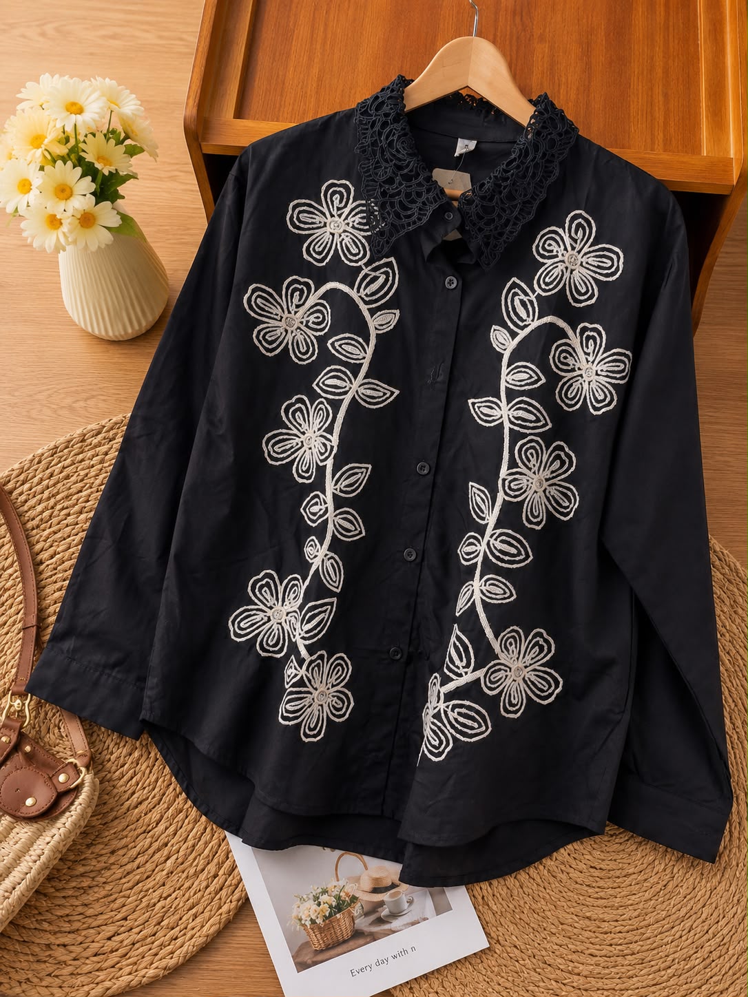 Floral Embroidered Cotton Shirt – Available in Black, Blue, Pink & White