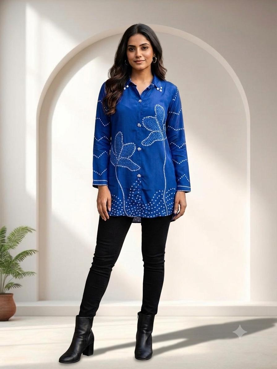 Women'sblue  Pure Crepe Printed Shirt | Premium Long Casual & Office Wear Shirt