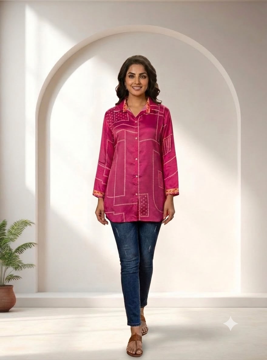 Women's Pink Pure Crepe Printed Shirt | Premium Long Casual & Office Wear Shirt