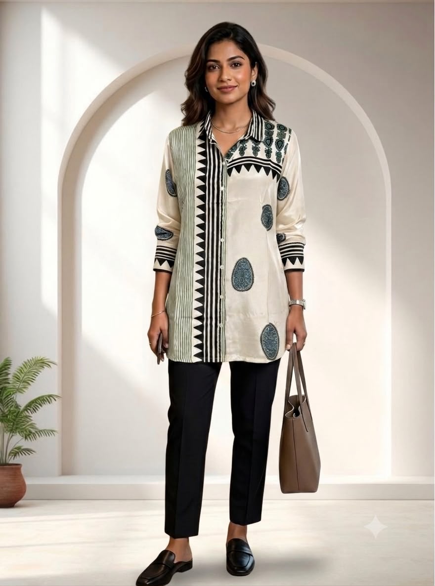 Women's Cream Pure Crepe Printed Shirt | Premium Long Casual & Office Wear Shirt