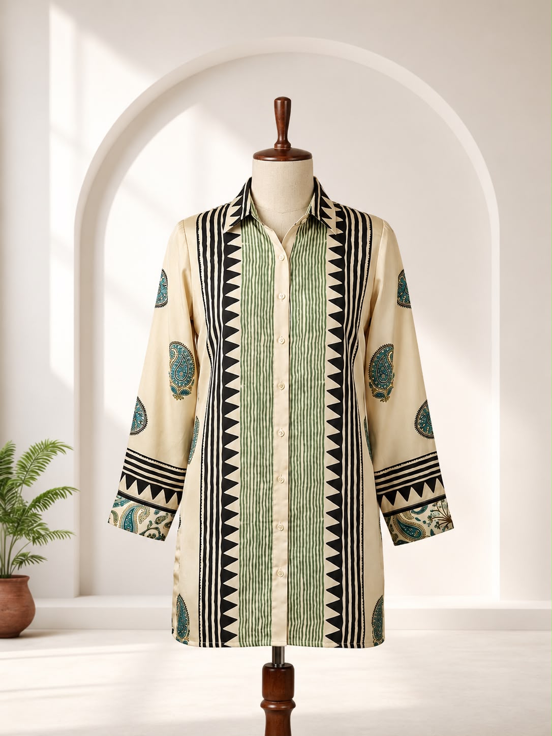 Women's Cream Pure Crepe Printed Shirt | Premium Long Casual & Office Wear Shirt