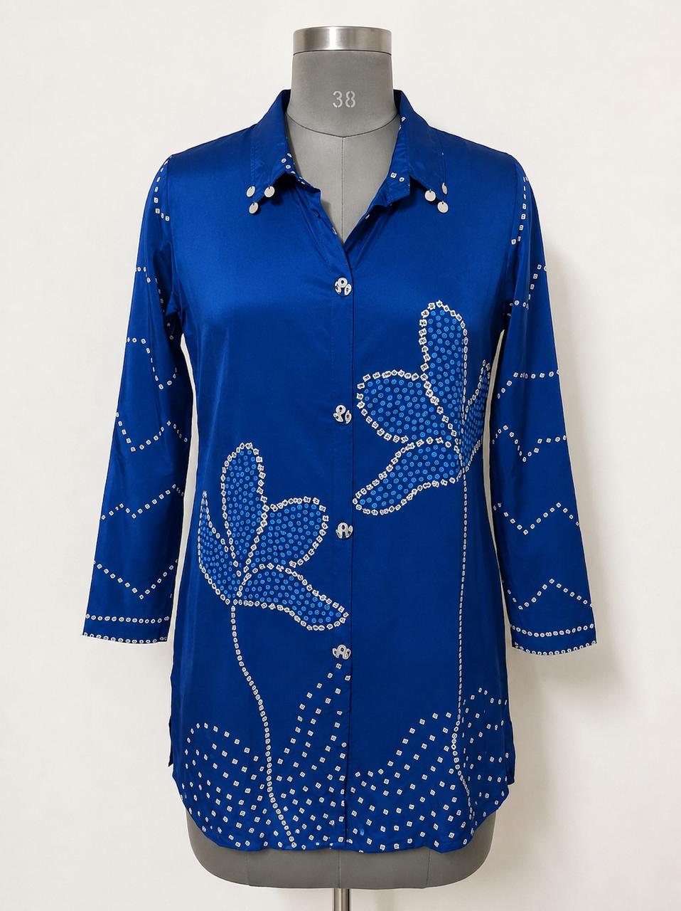 Women'sblue  Pure Crepe Printed Shirt | Premium Long Casual & Office Wear Shirt