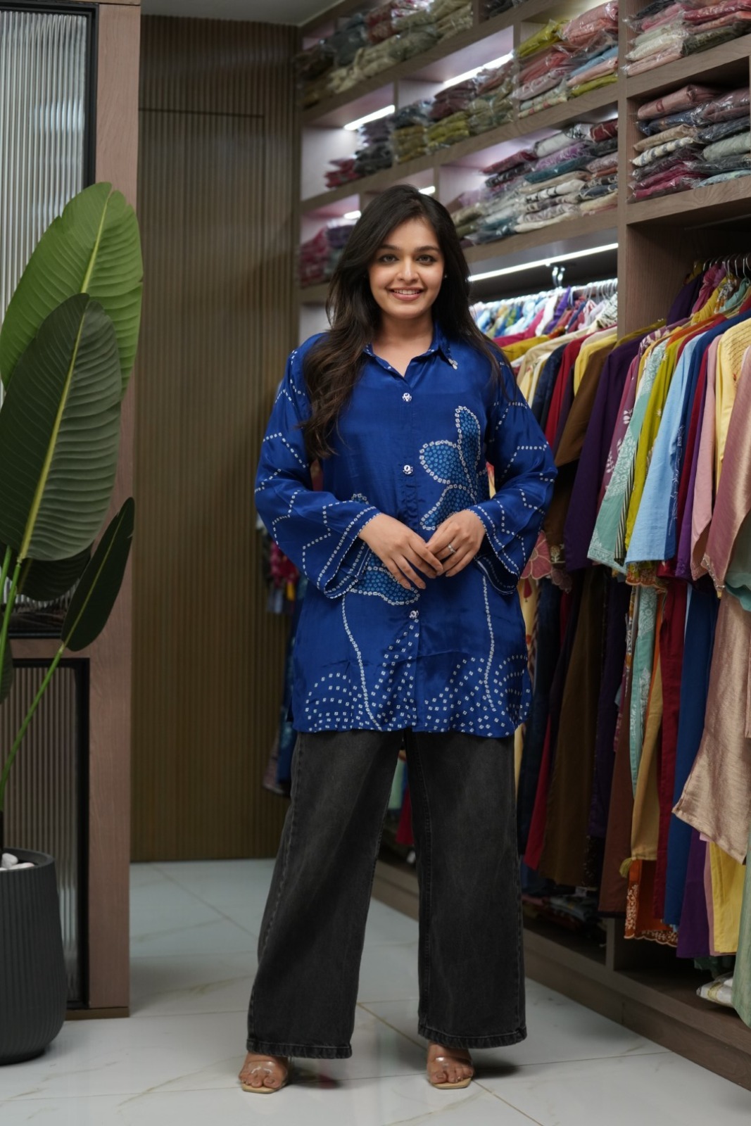Women'sblue  Pure Crepe Printed Shirt | Premium Long Casual & Office Wear Shirt