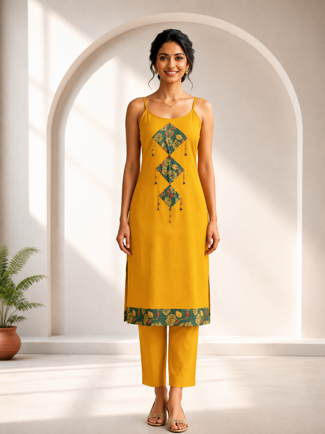 Women's Mustard Cotton  Co-Ord Set | Printed Kurta with Straight Pants | Casual & Festive Wear | D'MAYE