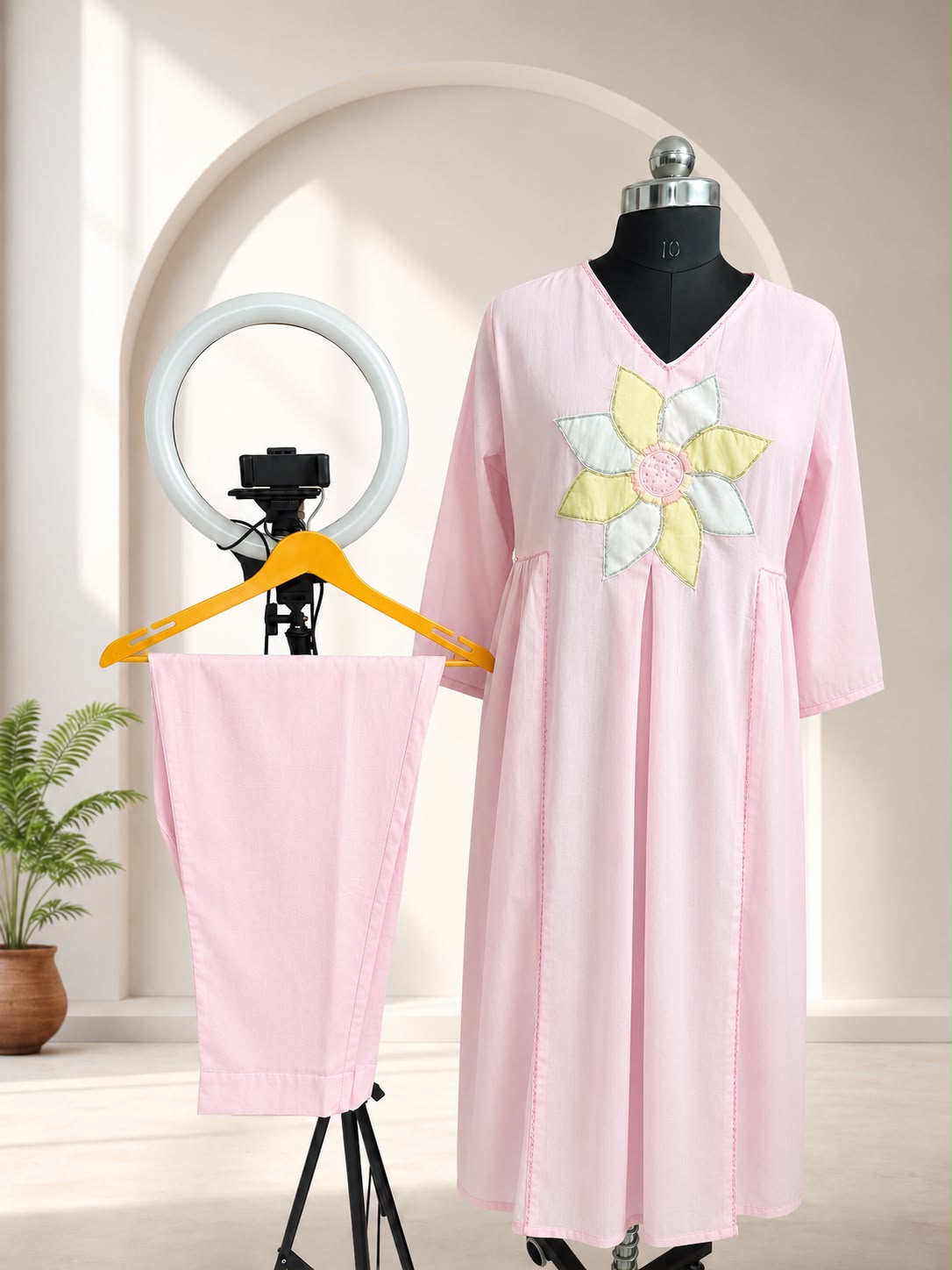 Women's Premium Pink Cotton Floral Appliqué Co-Ord Set | Elegant Summer Kurta Pant Set