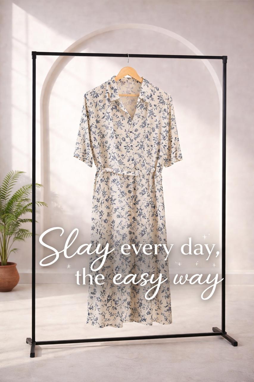 D'MAYE Ivory Bloom Printed Midi Shirt Dress