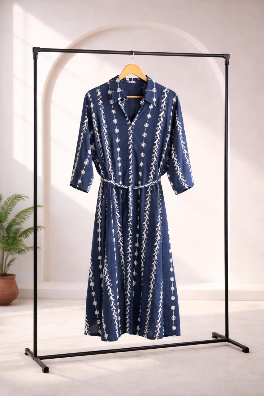 D'MAYE Indigo Ivory Belted Midi Dress