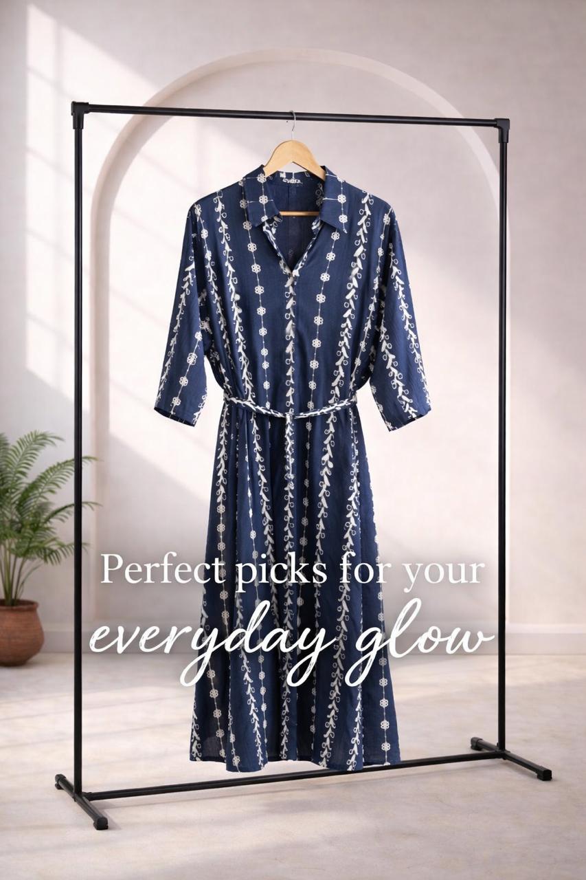 D'MAYE Indigo Ivory Belted Midi Dress