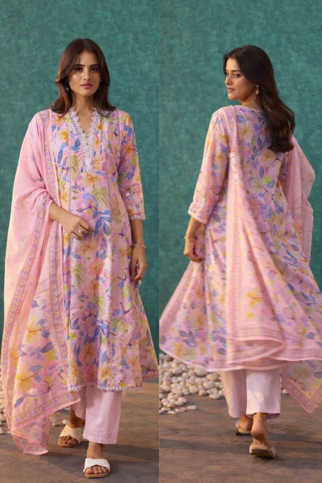 D'MAYE Pink Linen Floral Kurta Set with Dupatta
