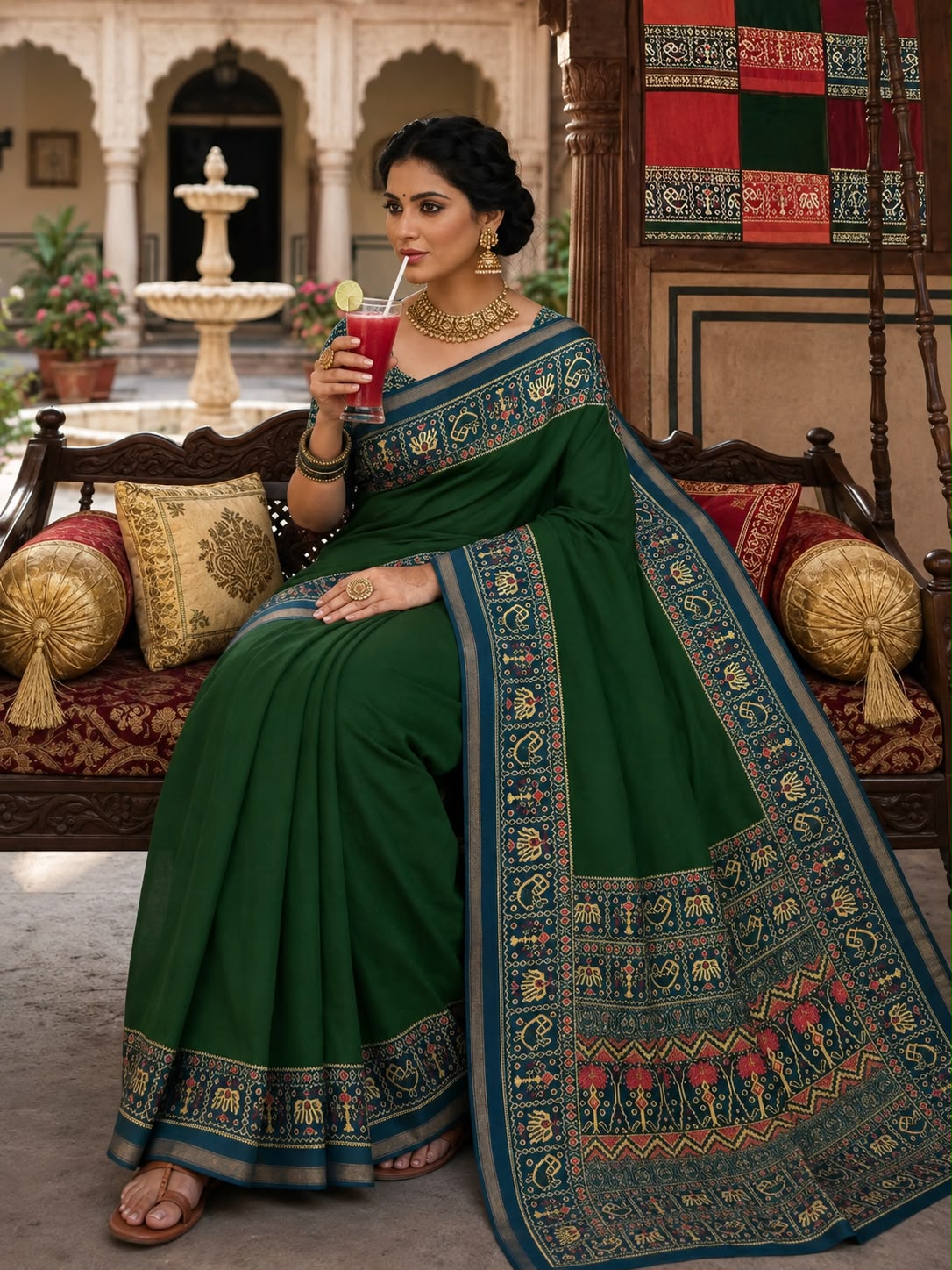 Ajrakh-Inspired Border Saree – Available in 4 Rich Colours