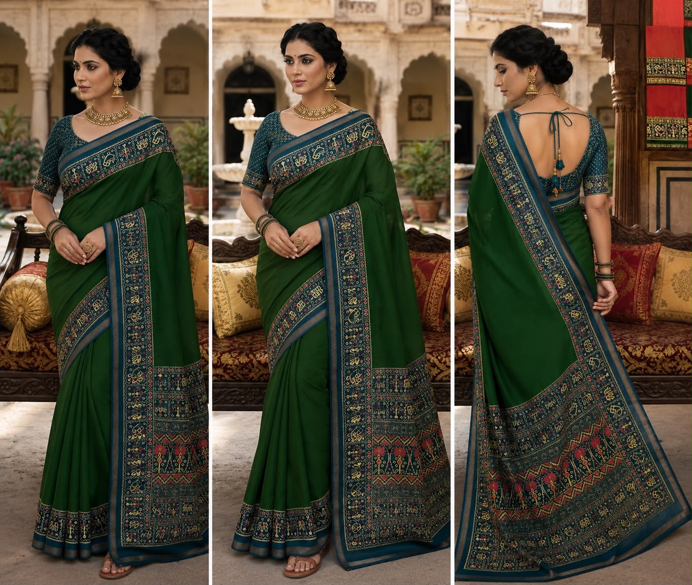 Ajrakh-Inspired Border Saree – Available in 4 Rich Colours