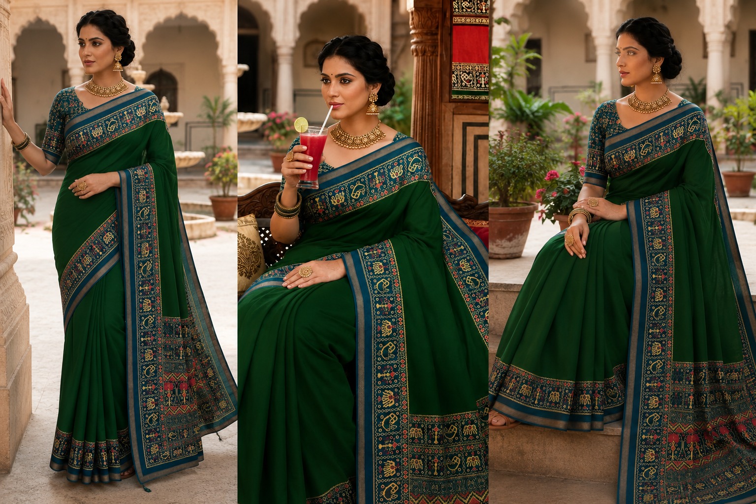 Ajrakh-Inspired Border Saree – Available in 4 Rich Colours
