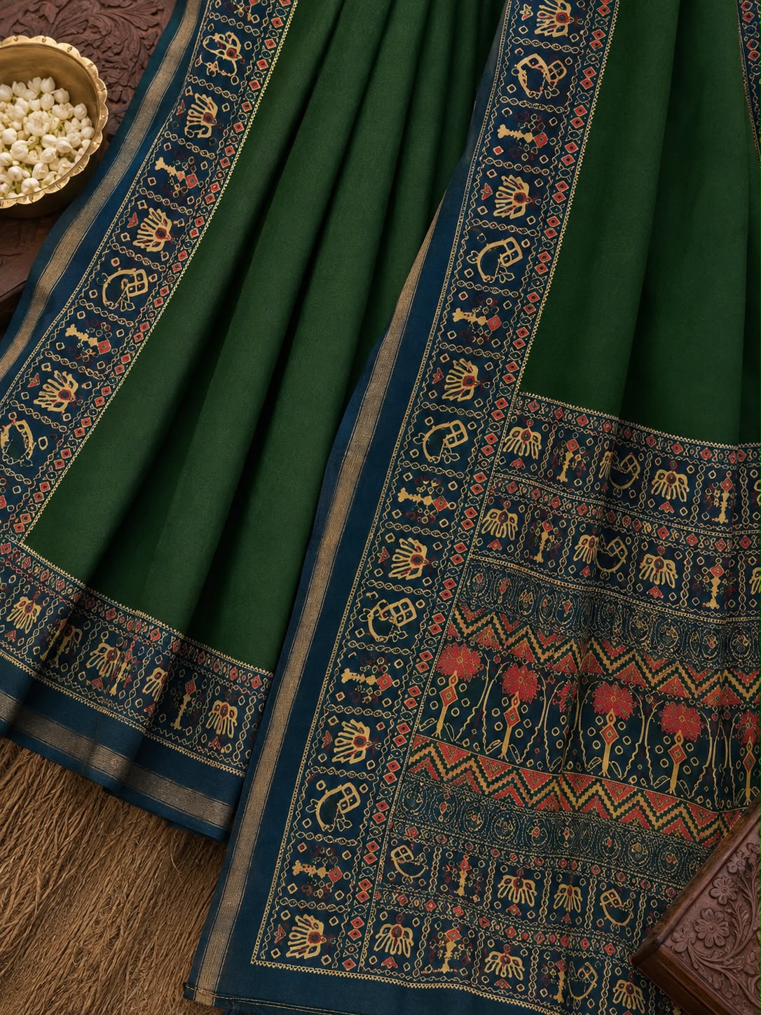 Ajrakh-Inspired Border Saree – Available in 4 Rich Colours