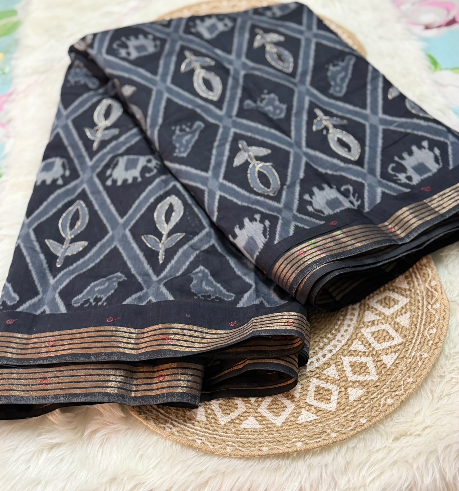 Black Ikat-Inspired Cotton Saree with Golden Border & Embroidered Accents