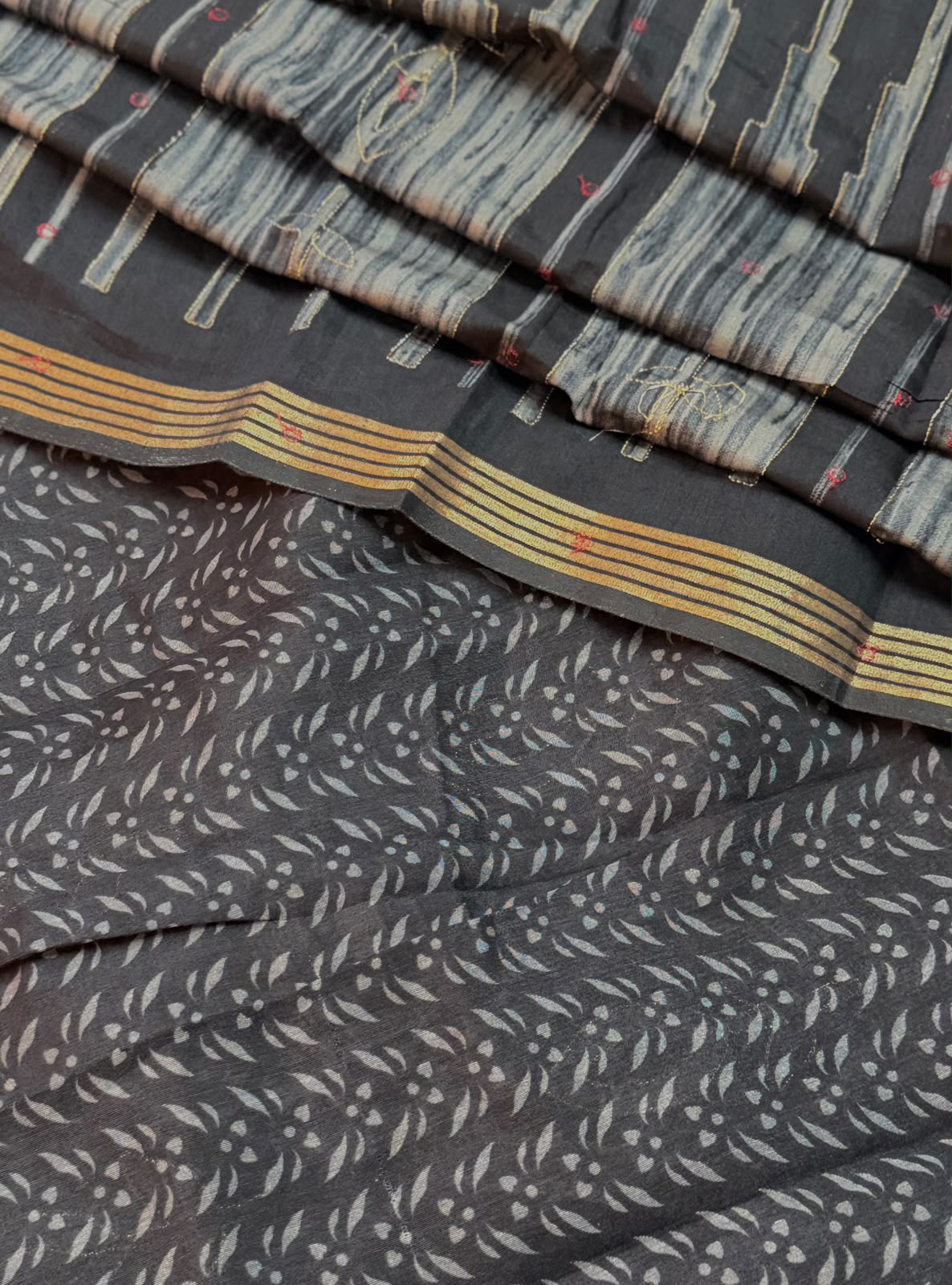 Black Ikat-Inspired Cotton Saree with Golden Border & Embroidered Accents