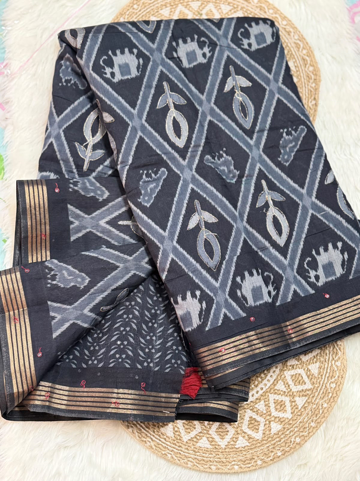 Black Ikat-Inspired Cotton Saree with Golden Border & Embroidered Accents