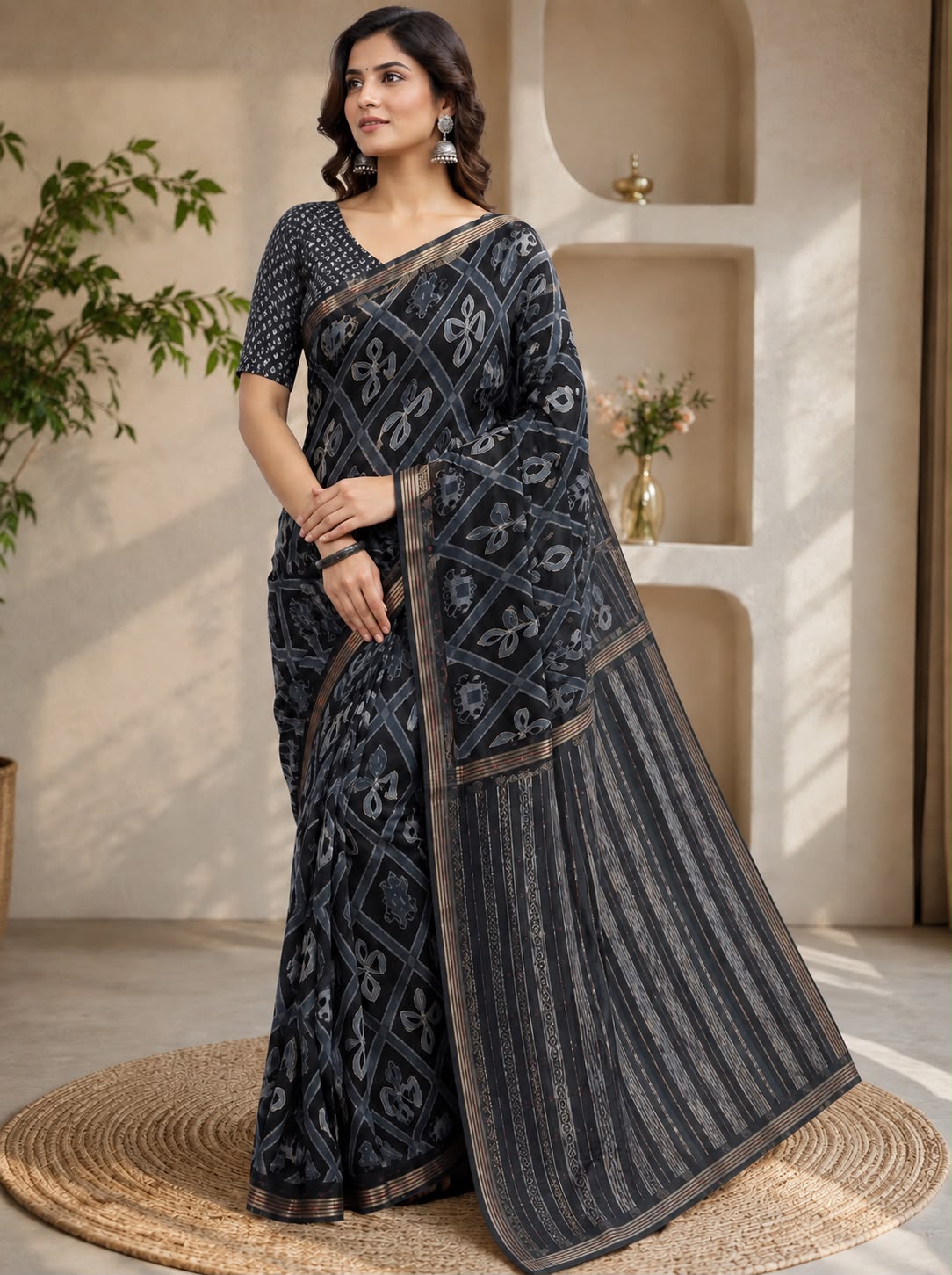 Black Ikat-Inspired Cotton Saree with Golden Border & Embroidered Accents