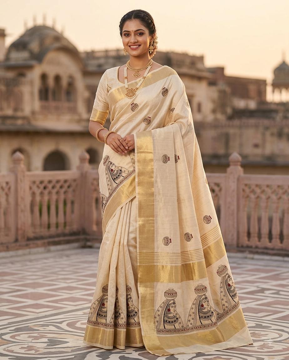Royal Heritage Ivory Gold Printed Saree