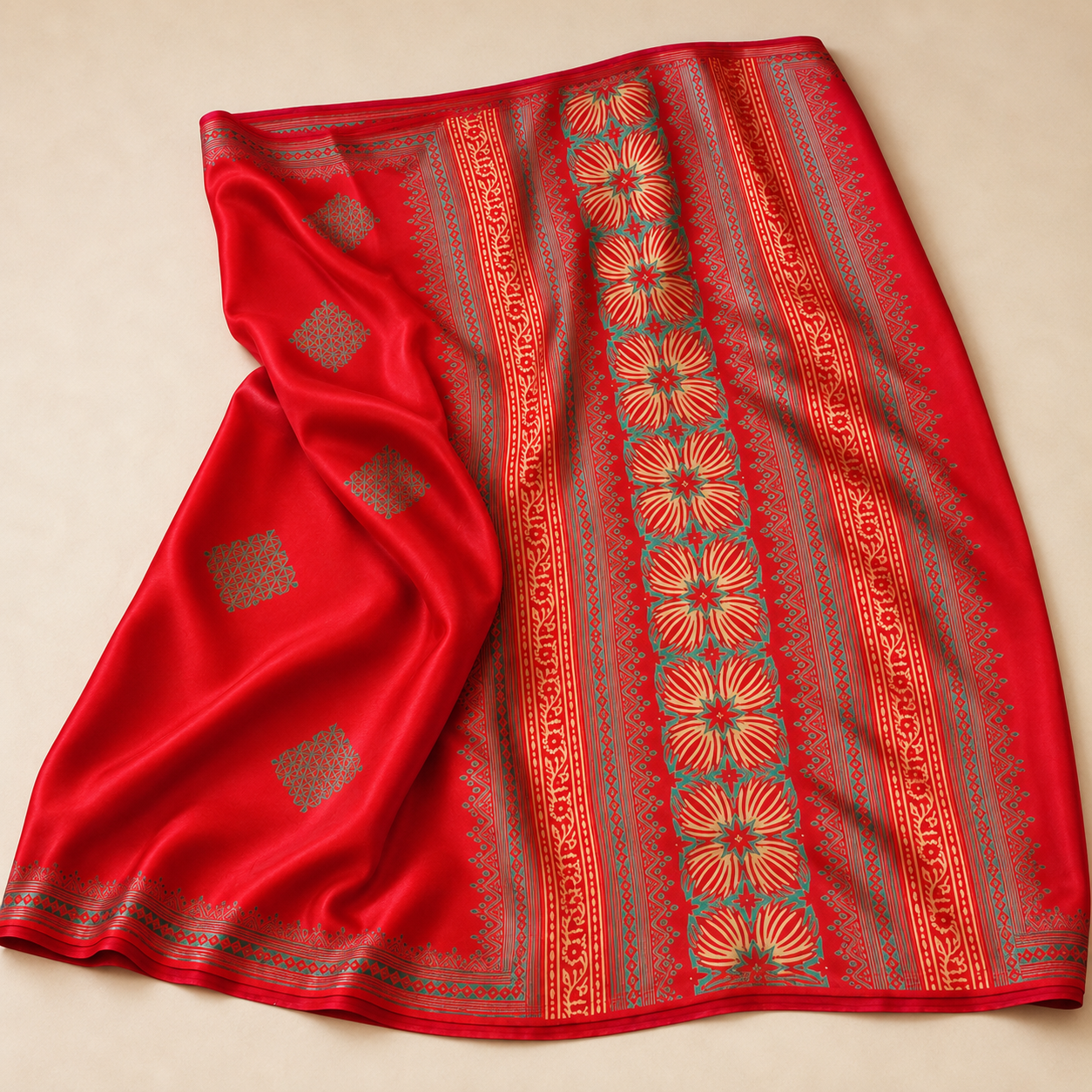 Red Gajji Silk Saree with Traditional Ajrakh-Inspired Print