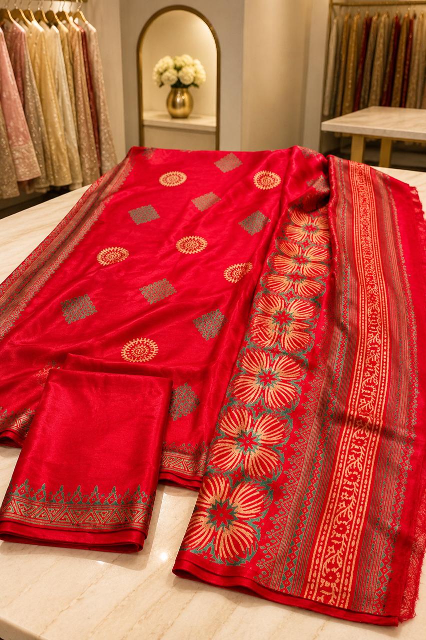 Red Gajji Silk Saree with Traditional Ajrakh-Inspired Print