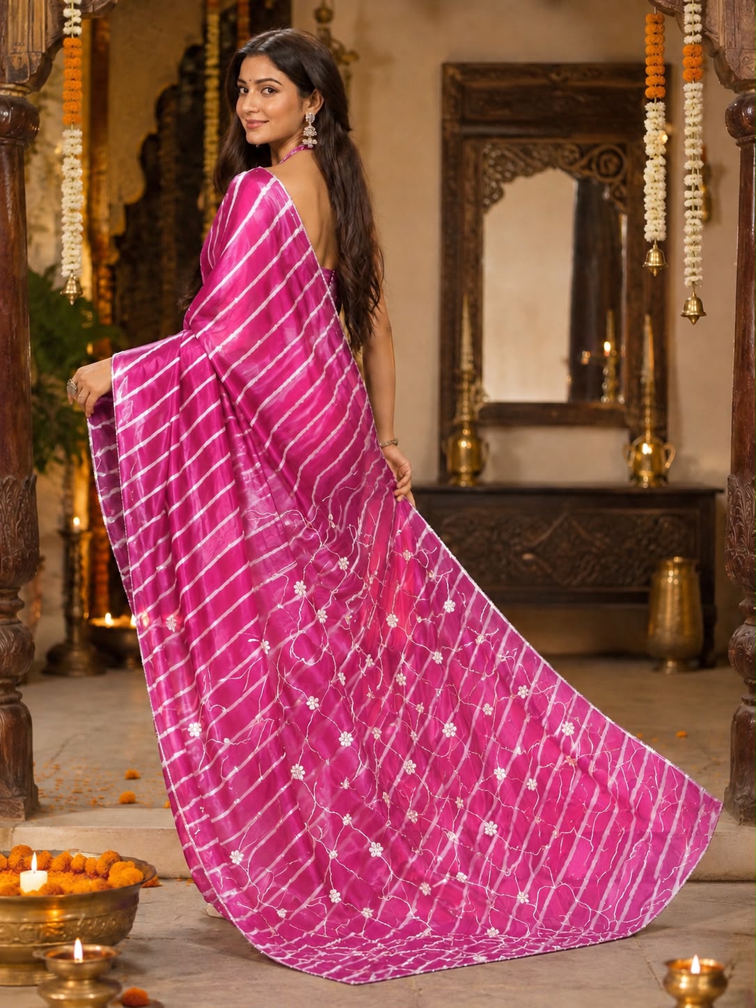 Leheriya Style Saree with Embellished Pallu | Designer Festive Saree for Women – Available in 7 Colours