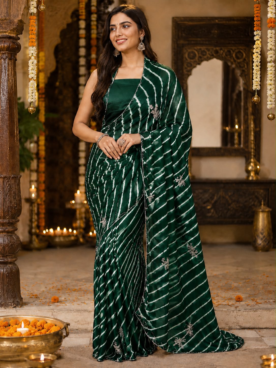 Leheriya Style Saree with Embellished Pallu | Designer Festive Saree for Women – Available in 7 Colours