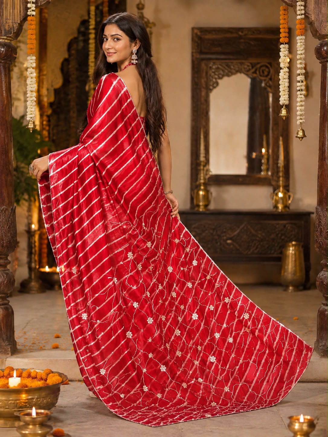 Leheriya Style Saree with Embellished Pallu | Designer Festive Saree for Women – Available in 7 Colours
