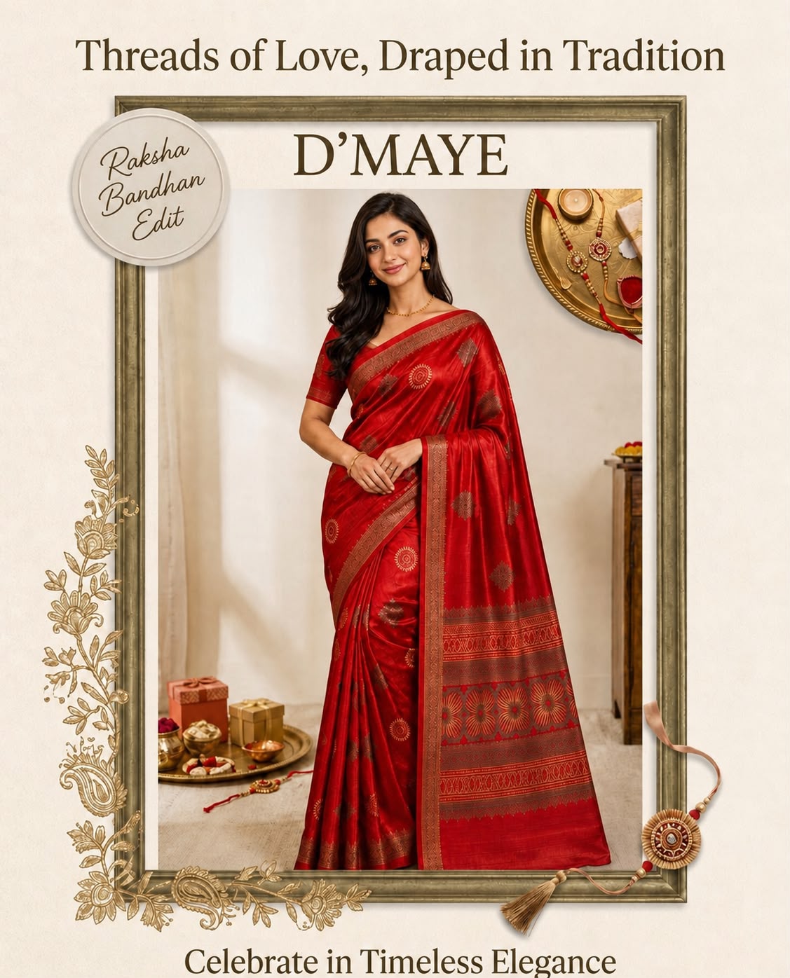 Red Gajji Silk Saree with Traditional Ajrakh-Inspired Print