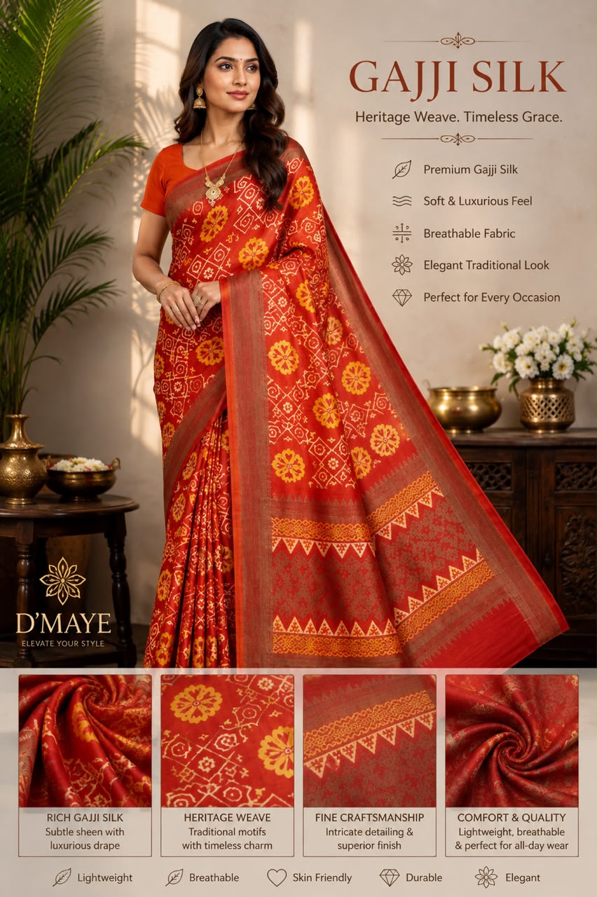 Orange Gajji Silk Saree with Traditional Heritage-Inspired Print
