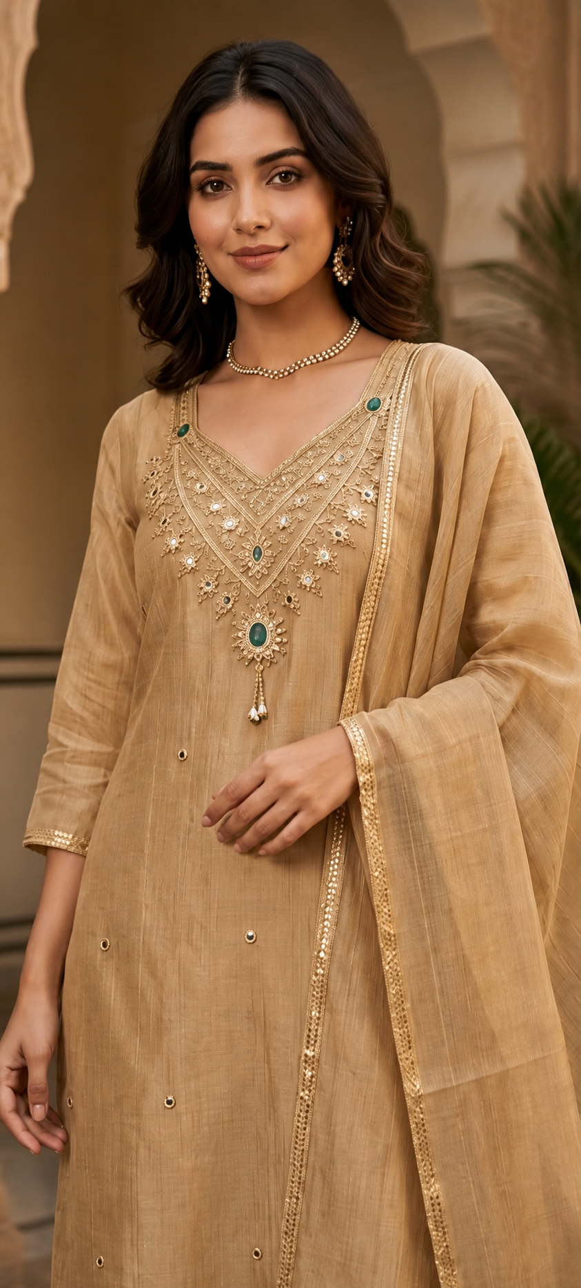 Soft golden Embroidered Kurta Pant Set with Dupatta