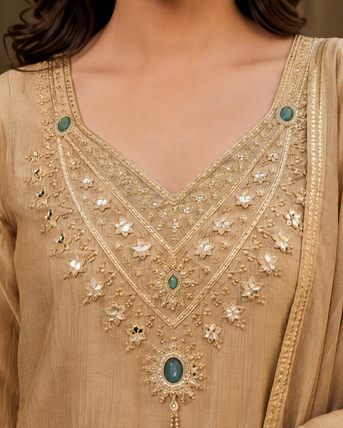 Soft golden Embroidered Kurta Pant Set with Dupatta