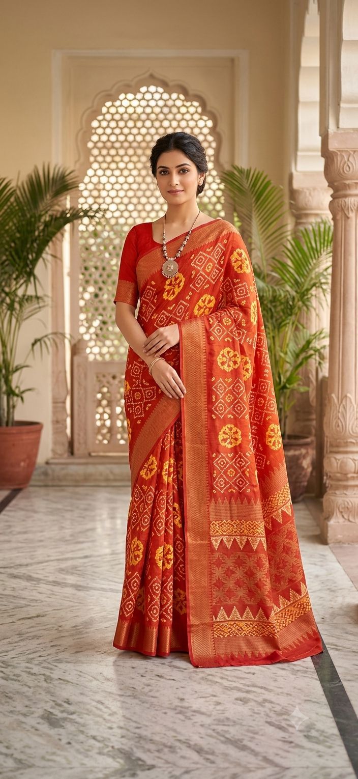 Orange Gajji Silk Saree with Traditional Heritage-Inspired Print
