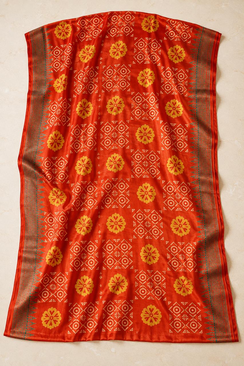 Orange Gajji Silk Saree with Traditional Heritage-Inspired Print