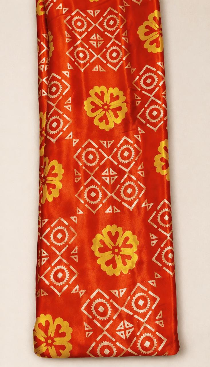 Orange Gajji Silk Saree with Traditional Heritage-Inspired Print
